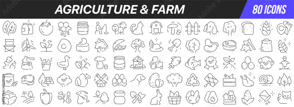 Agriculture and farm line icons collection. Big UI icon set in a flat design. Thin outline icons pack. Vector illustration EPS10 Agriculture and farm line icons collection. Big UI icon set in a flat design. Thin outline icons pack. Vector illustration EPS10