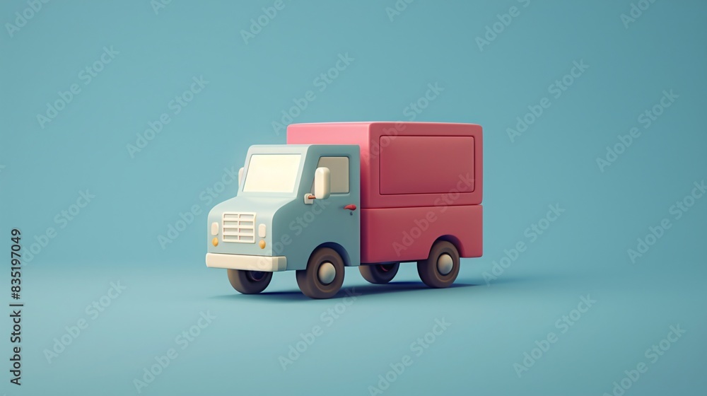 Stylized 3D illustration of a colorful delivery truck in soft pastel colors, isolated on a blue background. 3D Illustration. Stylized 3D illustration of a colorful delivery truck in soft pastel colors, isolated on a blue background. 3D Illustration.