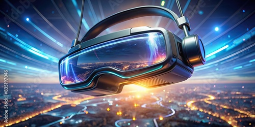 Virtual reality glasses suspended in mid-air, glowing with futuristic technology , VR, virtual reality, technology, innovation, futuristic,simulation, digital, glasses, headset, immersion photo