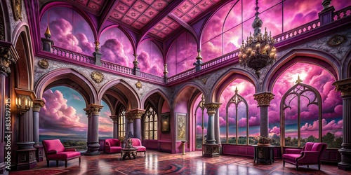 Pink and purple gothic castle interior with cloudy sky background, gothic, castle, interior, pink, purple, clouds, sky, mood, mysterious, vintage, elegant, romantic, architecture, luxurious photo