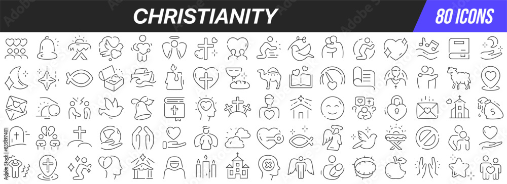 Christianity line icons collection. Big UI icon set in a flat design. Thin outline icons pack. Vector illustration EPS10 Christianity line icons collection. Big UI icon set in a flat design. Thin outline icons pack. Vector illustration EPS10