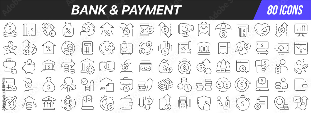 Bank and payment line icons collection. Big UI icon set in a flat design. Thin outline icons pack. Vector illustration EPS10 Bank and payment line icons collection. Big UI icon set in a flat design. Thin outline icons pack. Vector illustration EPS10