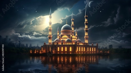 The beautiful serene mosque at night in the blessed month of ramadan the illuminated, Copy space, generative ai photo