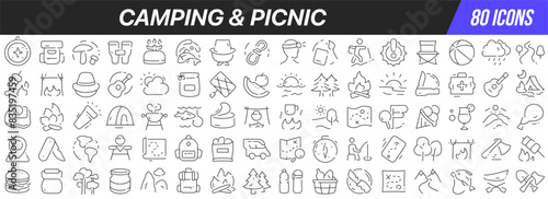 Camping and picnic line icons collection. Big UI icon set in a flat design. Thin outline icons pack. Vector illustration EPS10