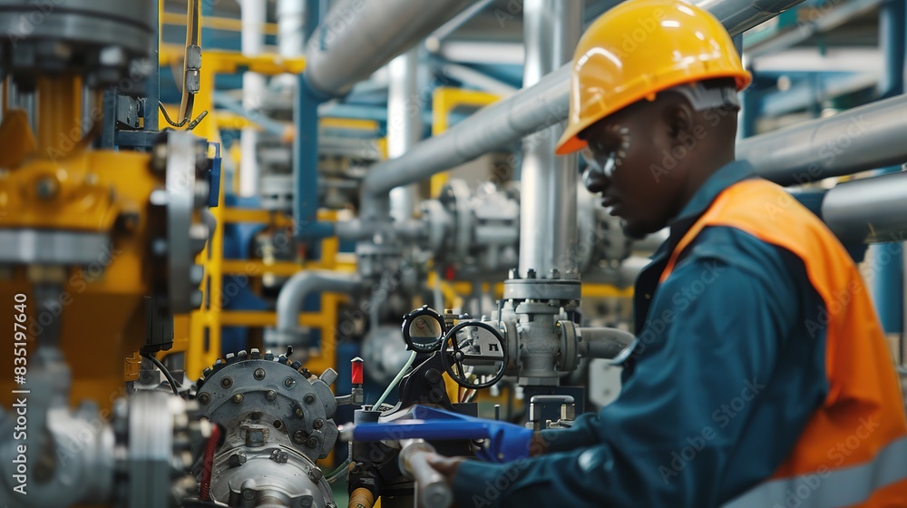 Workers in safety gear operating machinery at an oil refinery Workers in safety gear operating machinery at an oil refinery