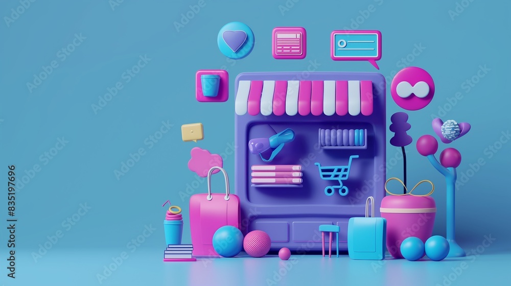 A purple vending machine with a canopy against a bright blue background. A purple vending machine with a canopy against a bright blue background.