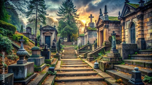 Mysterious ancient cemetery with staircase surrounded by graves, cemetery, mysterious, ancient, staircase, graves, eerie, haunting, spooky, burial ground, tombstones photo