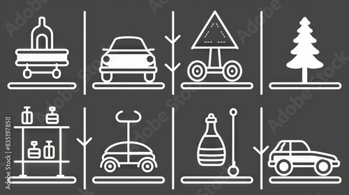 Abstract composition of lines and shapes symbolizing an auto workshop, in a minimalist black-and-white vector drawing. © PhotoRK