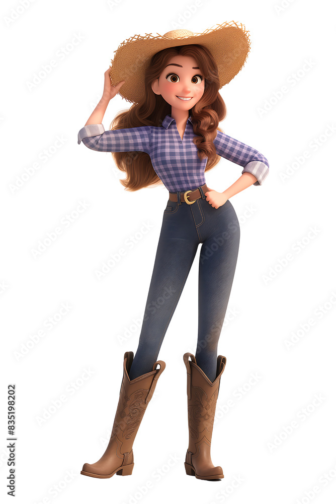 woman with checkered shirt, jeans, leather boots, hat and belt woman with checkered shirt, jeans, leather boots, hat and belt