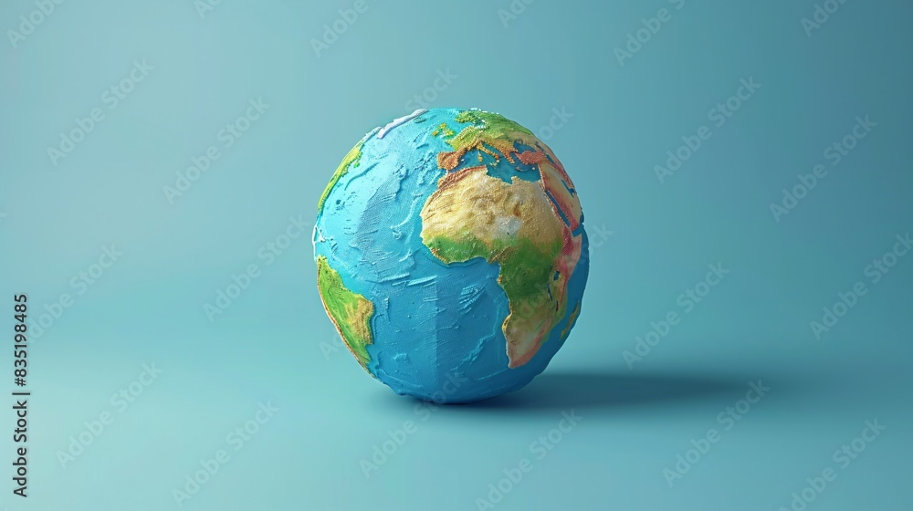 Vibrant globe with continents and oceans on blue background. Detailed 3D rendering of Earth model, perfect for educational and geographical uses. 3D Illustration. Vibrant globe with continents and oceans on blue background. Detailed 3D rendering of Earth model, perfect for educational and geographical uses. 3D Illustration.
