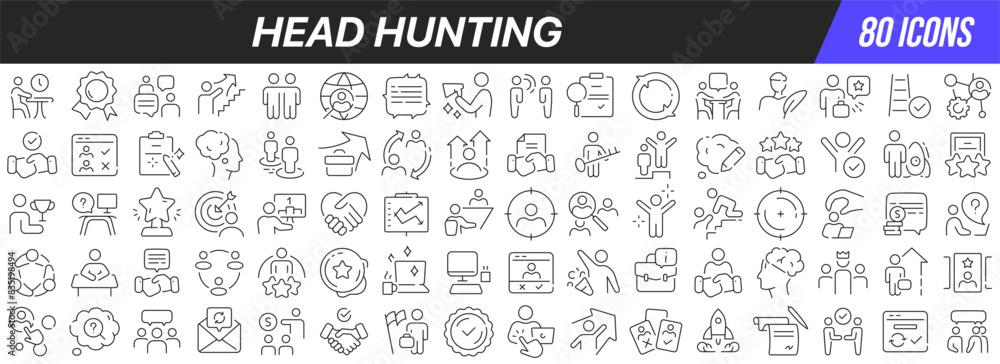 Head hunting line icons collection. Big UI icon set in a flat design. Thin outline icons pack. Vector illustration EPS10 Head hunting line icons collection. Big UI icon set in a flat design. Thin outline icons pack. Vector illustration EPS10