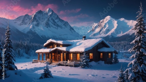 Landscape of wooden hotel in beautiful winter mountain valley