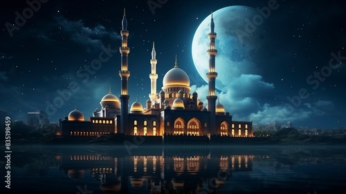 The beautiful serene mosque at night in the blessed month of ramadan the illuminated, Copy space, generative ai