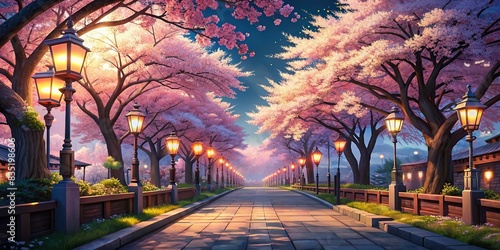 Lofi park scene in anime style with cherry blossom trees and traditional lanterns, lofi, park, anime, style, cherry blossom, trees, lanterns, tranquil, serene, peaceful, calming, nature © rattinan