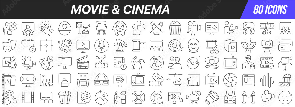 Movie and cinema line icons collection. Big UI icon set in a flat design. Thin outline icons pack. Vector illustration EPS10 Movie and cinema line icons collection. Big UI icon set in a flat design. Thin outline icons pack. Vector illustration EPS10