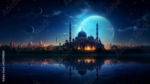 The beautiful serene mosque at night in the blessed month of ramadan the illuminated, Copy space, generative ai © ImronDesign