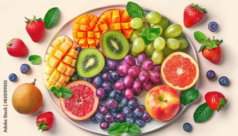 Naklejka premium Generate a flat lay of a fresh fruit platter with a variety of colorful fruits