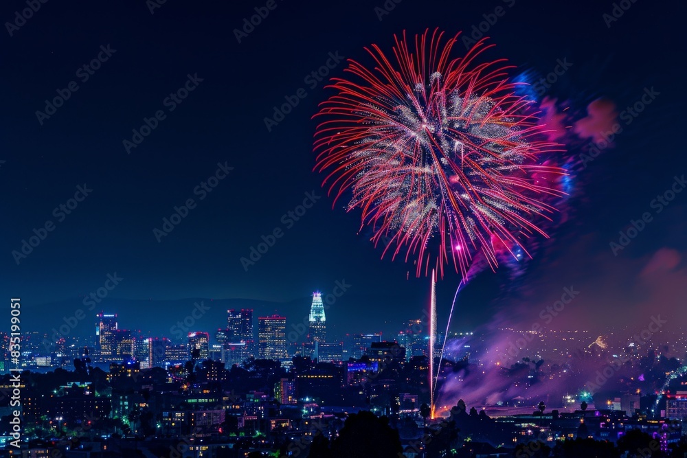 A vibrant fireworks display explodes over a city skyline, creating a spectacular spectacle of light and color against the dark night sky. A vibrant fireworks display explodes over a city skyline, creating a spectacular spectacle of light and color against the dark night sky.