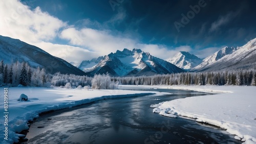 Wild river landscape flowing in frozen mountain valley, around beautifully snowy spruce trees 