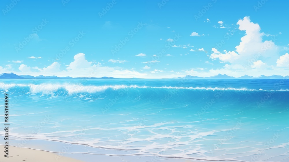 Stunning Seaside View With Crystal Clear Blue Waters and Waves Under a Bright Sky