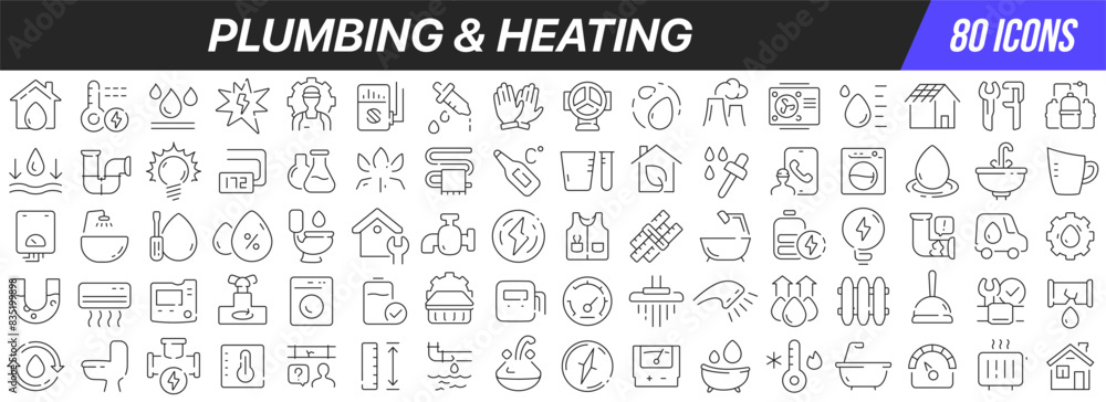 Plumbing and heating line icons collection. Big UI icon set in a flat design. Thin outline icons pack. Vector illustration EPS10 Plumbing and heating line icons collection. Big UI icon set in a flat design. Thin outline icons pack. Vector illustration EPS10