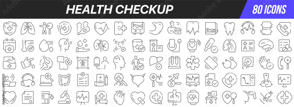 Health checkup line icons collection. Big UI icon set in a flat design. Thin outline icons pack. Vector illustration EPS10 Health checkup line icons collection. Big UI icon set in a flat design. Thin outline icons pack. Vector illustration EPS10