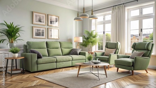 Sage green sofa and recliner chair in a Scandinavian apartment living room , scandinavian, modern, interior design, cozy, minimalist, apartment, furniture, sage green, sofa
