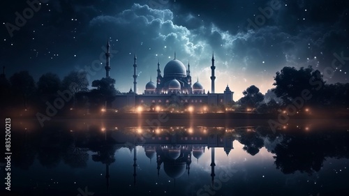 The beautiful serene mosque at night in the blessed month of ramadan the illuminated, Copy space, generative ai © ImronDesign