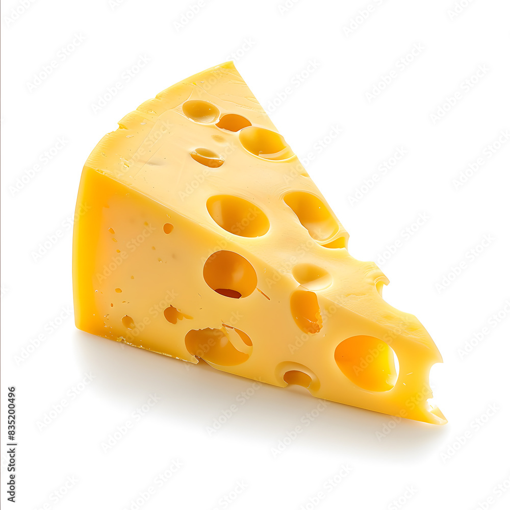 Piece of triangle cheese with holes isolated on white background
Piece of triangle cheese with holes isolated on white background