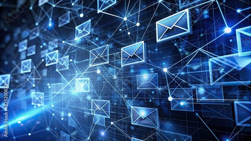 Futuristic dark blue and white banner with copy space depicting fragmented email client network debate , futuristic, email client, letters, network, debate, dark blue, white, banner photo