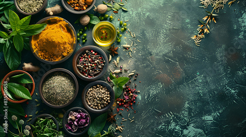 Set of various spices on background, Colorful seasoning for spicing food, spices of Indian cuisine. Selective focus.