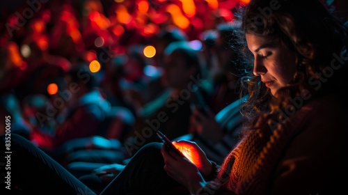 A person using a mobile phone in a dimly lit theater with vibrant orange and red lights in the background.