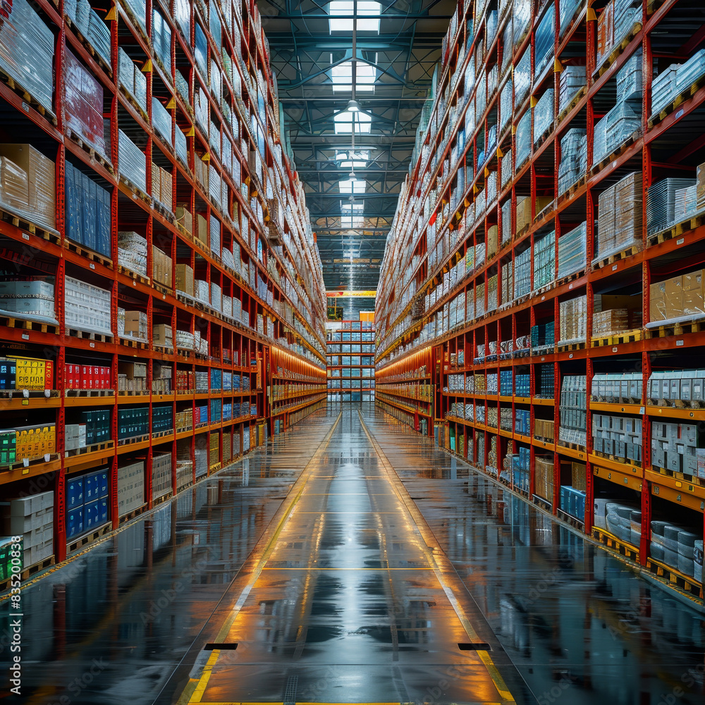 Fototapeta premium Distribution centers, These warehouses store goods that are ready to be shipped to customers.