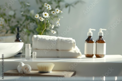 Bathroom with sink  towels  soap bottles  and vase of flowers