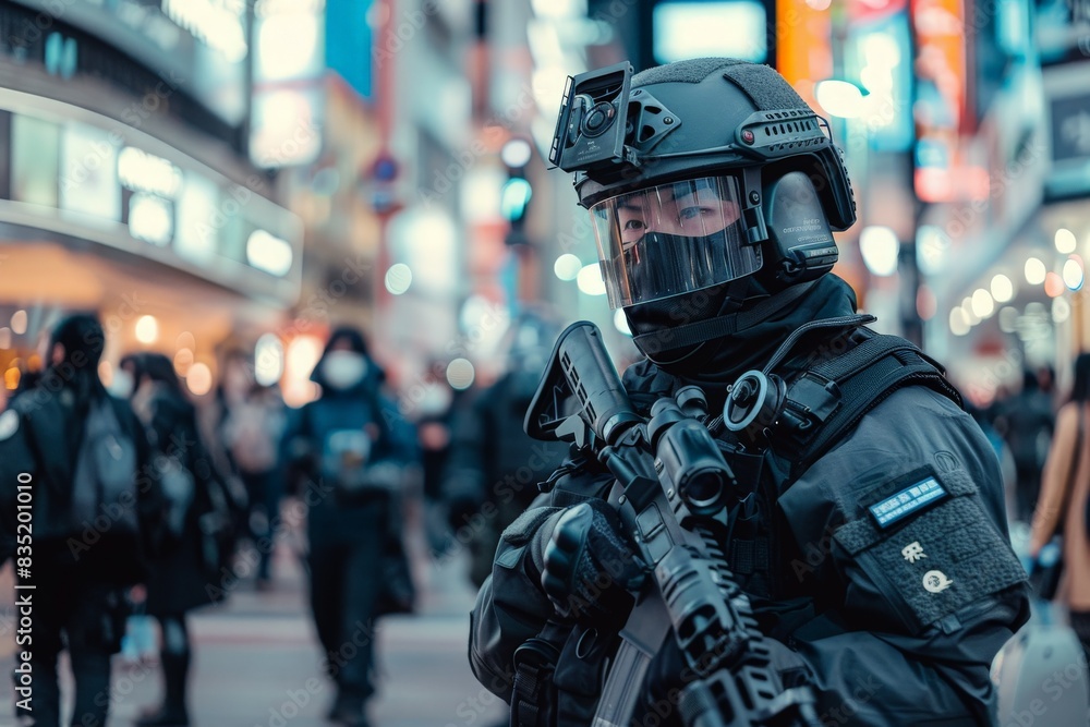 A security officer in futuristic gear stands guard in a bustling city setting. The officers helmet and face mask reflect the neon glow of the city around them. A security officer in futuristic gear stands guard in a bustling city setting. The officers helmet and face mask reflect the neon glow of the city around them.