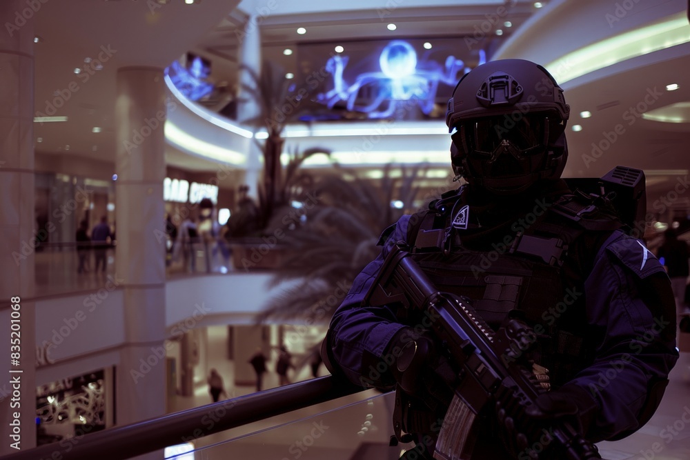 A security officer in futuristic gear stands guard, holding a rifle, in a modern shopping mall. The officers helmet and protective gear are advanced, highlighting the security concerns of the future. A security officer in futuristic gear stands guard, holding a rifle, in a modern shopping mall. The officers helmet and protective gear are advanced, highlighting the security concerns of the future.