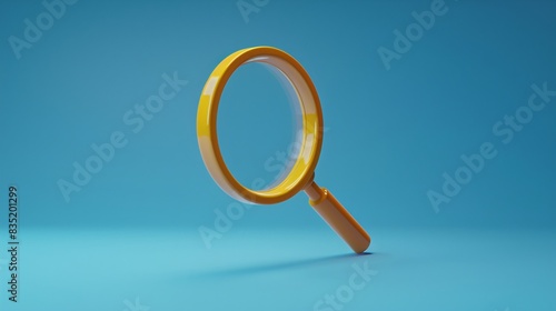 Yellow magnifying glass on a blue background, symbolizing search, exploration, and discovery. Isolated for a clean and modern look. 3D Illustration. photo