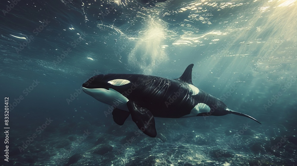 Obraz premium Majestic killer whale emerging from deep waters, surrounded by a large body of water with a deep abyss