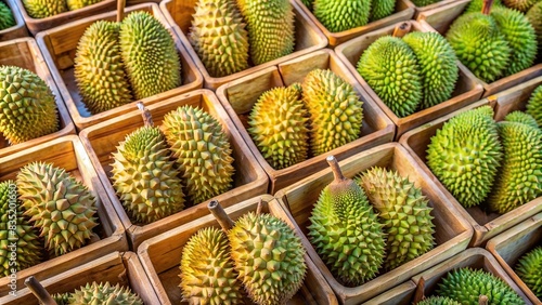 Ripe durians in craft boxes on a table in Thailand and Vietnam. Background for a postcard , durian, fruit, smelly, Thailand, Vietnam, craft boxes, ripe, exotic, tropical, market, background photo