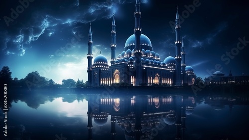 The beautiful serene mosque at night in the blessed month of ramadan the illuminated, Copy space, generative ai photo
