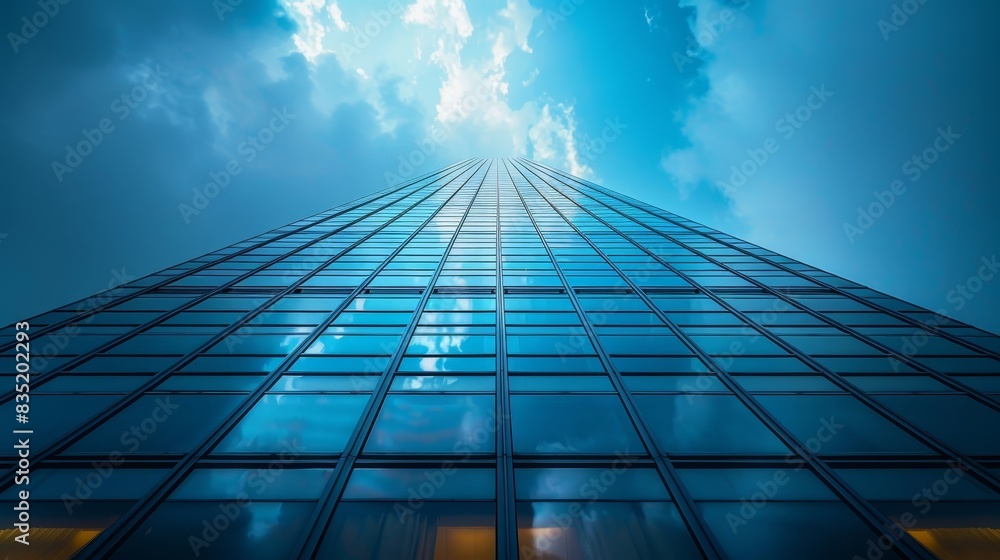 a tall building with a sky view from the ground a tall building with a sky view from the ground