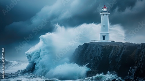 Lone lighthouse standing strong on a rocky cliff, waves crashing below against a stormy sky