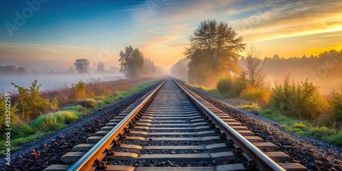 Railroad tracks disappearing into the misty morning horizon, Railway, morning, fog, mist, transport, travel, journey, nature, scenic, tranquil, serene, atmospheric, peaceful, tracks, foggy photo