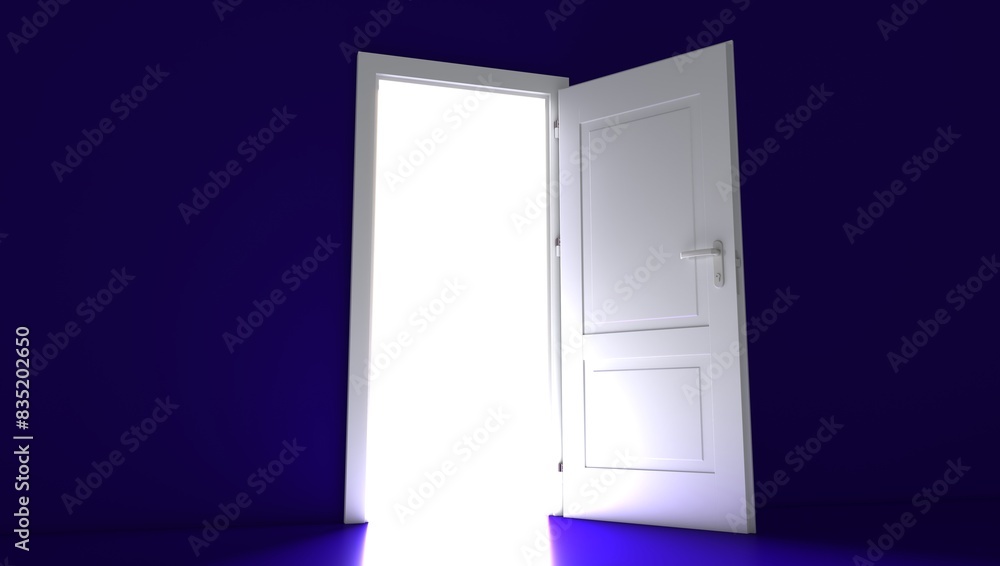 Open the door. Symbol of new career, opportunities, business ventures and initiative. Business concept. 3d render, white light inside open door isolated on blue background. Modern minimal concept.
Open the door. Symbol of new career, opportunities, business ventures and initiative. Business concept. 3d render, white light inside open door isolated on blue background. Modern minimal concept.