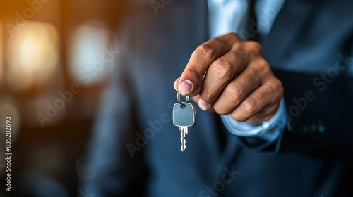Businessman holding out a key, symbolizing real estate ownership, success, and new opportunities. Blurred background for professional context.