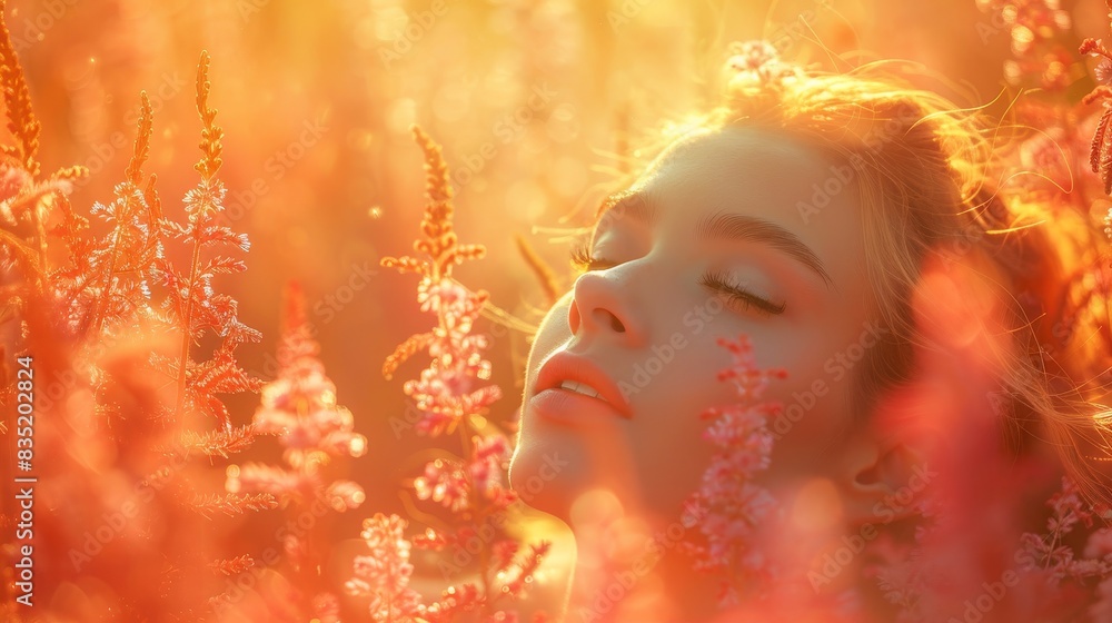 a woman with her eyes closed in a field of flowers