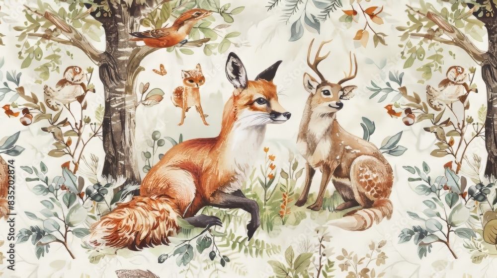 Hand-painted forest animals like deer, foxes, and owls nestled among watercolor trees and foliage, perfect for bed linens Hand-painted forest animals like deer, foxes, and owls nestled among watercolor trees and foliage, perfect for bed linens