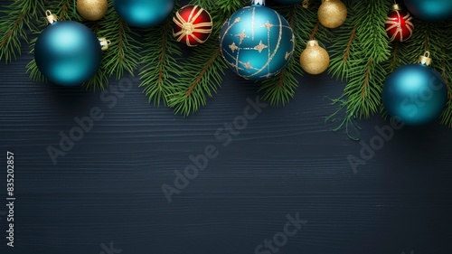 christmas balls and fir branches flat lay top view  generative ai
