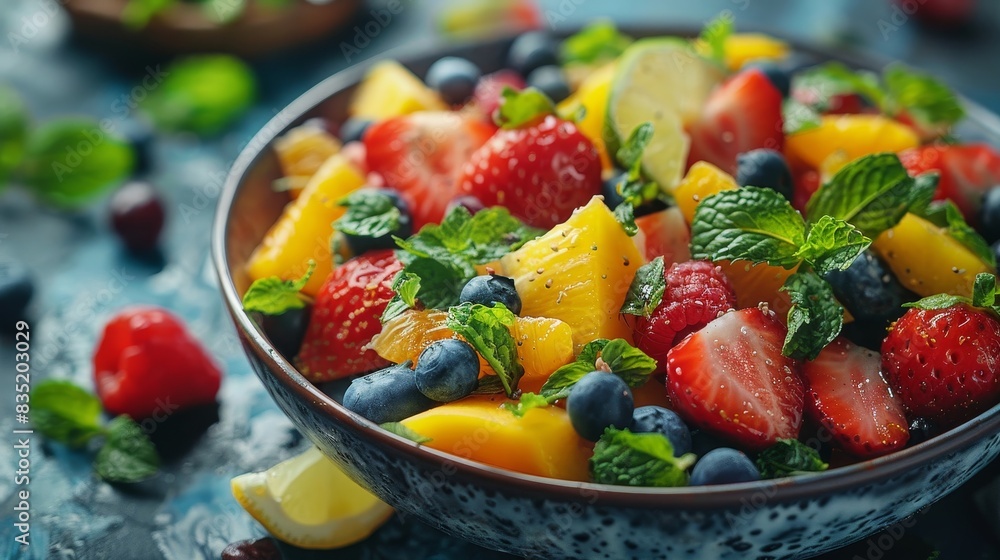 a bowl of fruit salad with mint leaves and strawberries a bowl of fruit salad with mint leaves and strawberries