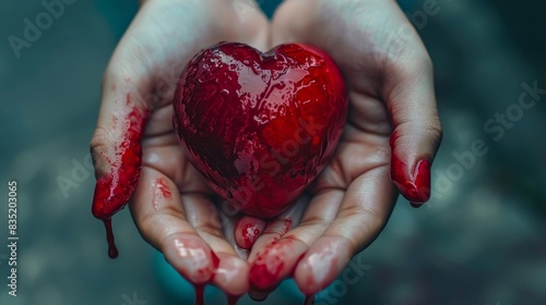 Graphic close-up of a hand holding a real bleeding heart, reflecting the sorrow of broken love